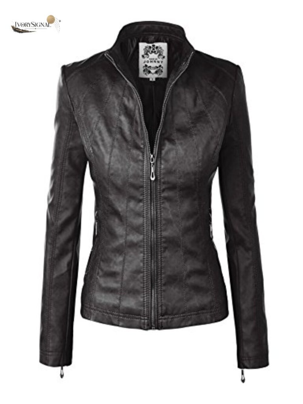 Women's Faux Leather Zip Up Moto Biker Jacket with Stitching